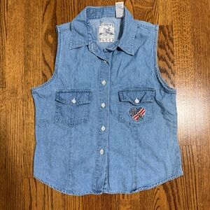 Andrews Blues Vtg Sleeveless Blue Denim Button Down Americana Heart Size Sm/Med